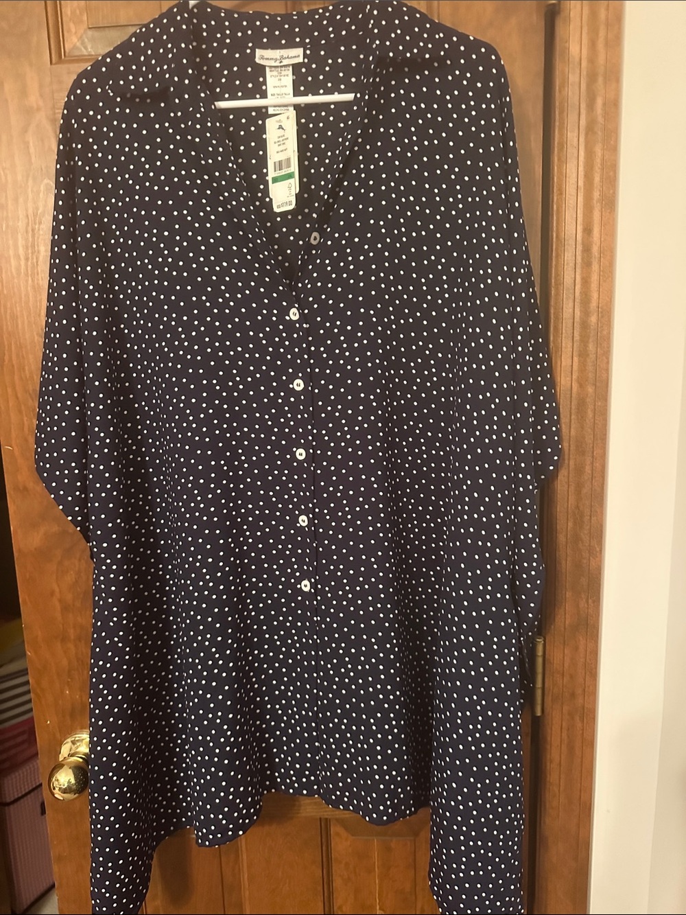 NWT Tommy Bahama Navy White Polka Dot Button-Front Shirt